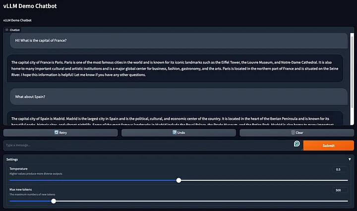 Gradio chatbot displaying responses streamed from the deployed DeepSeek model