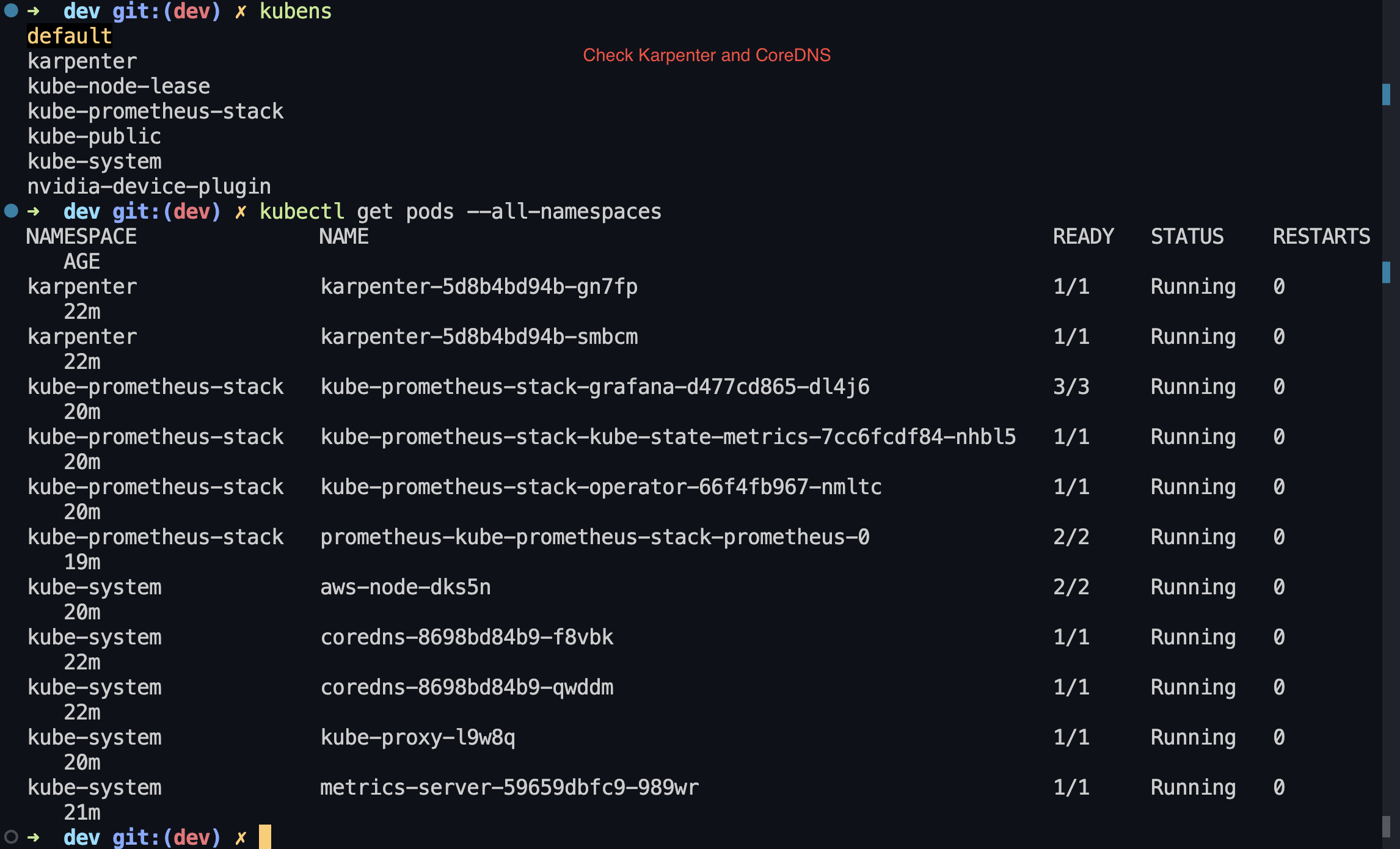 Terminal showing Karpenter, CoreDNS, Prometheus, Grafana, and Kubernetes system workloads running