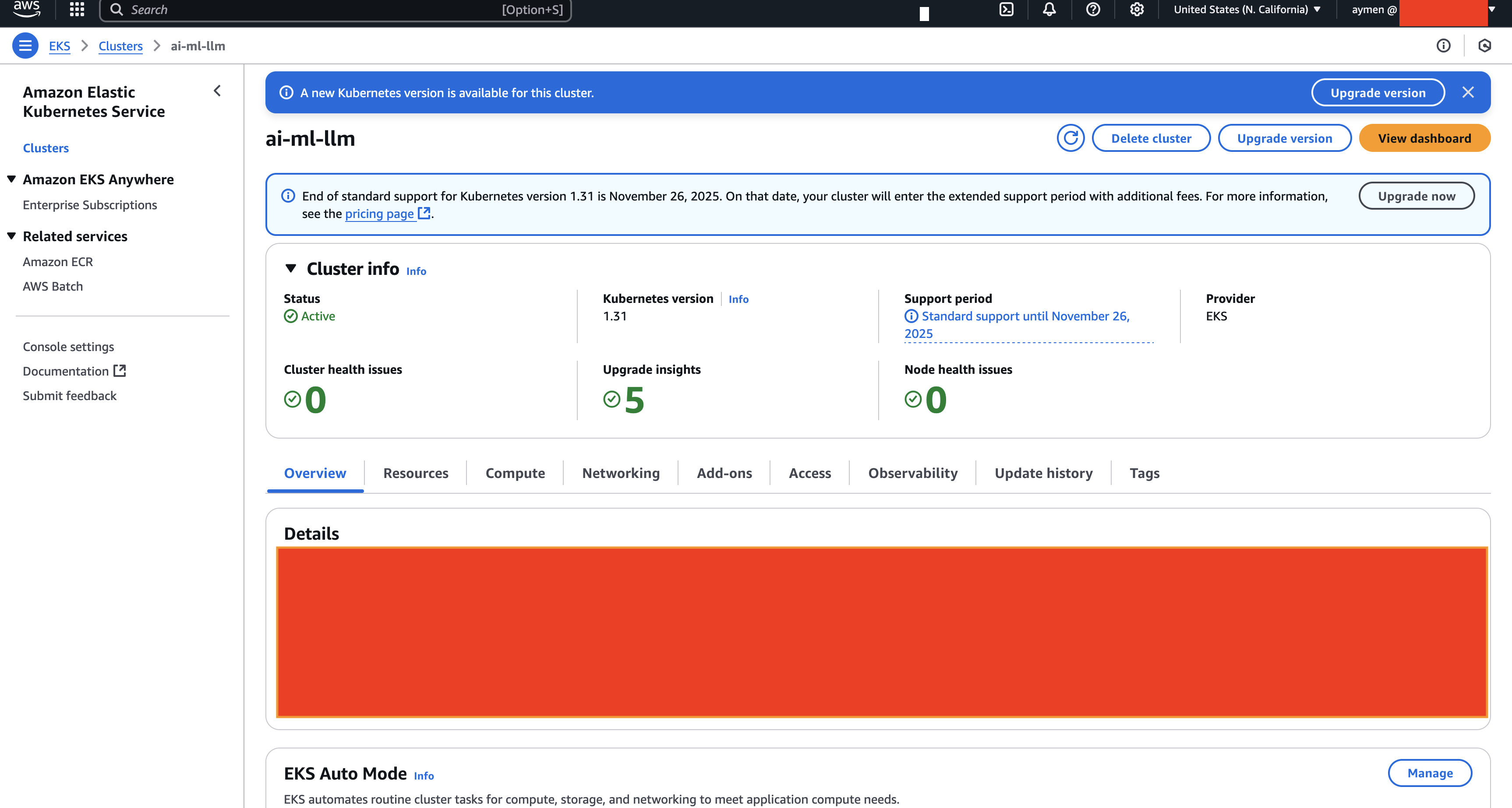 AWS console showing the active ai-ml-llm EKS 1.31 cluster
