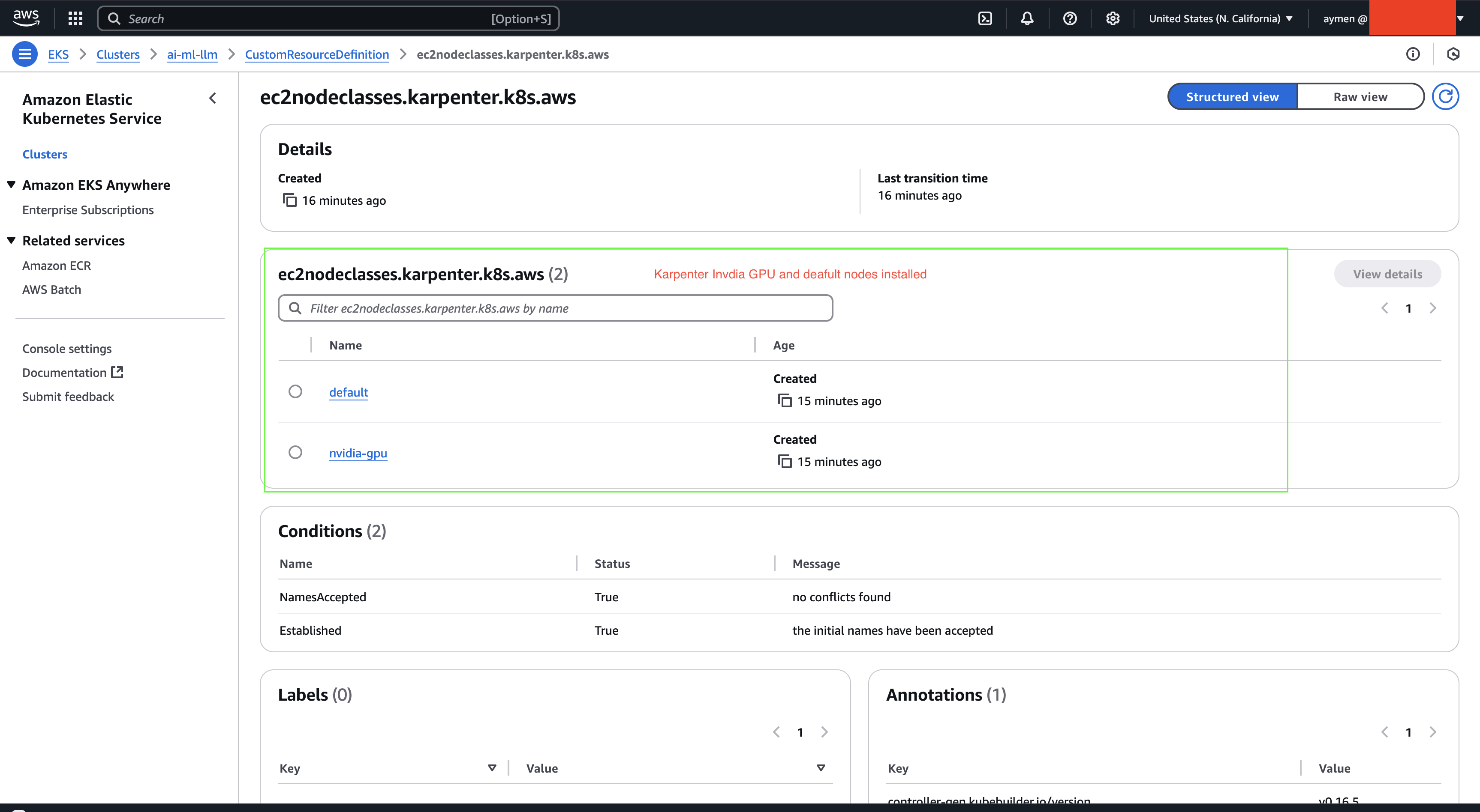 AWS console showing default and NVIDIA GPU Karpenter node classes