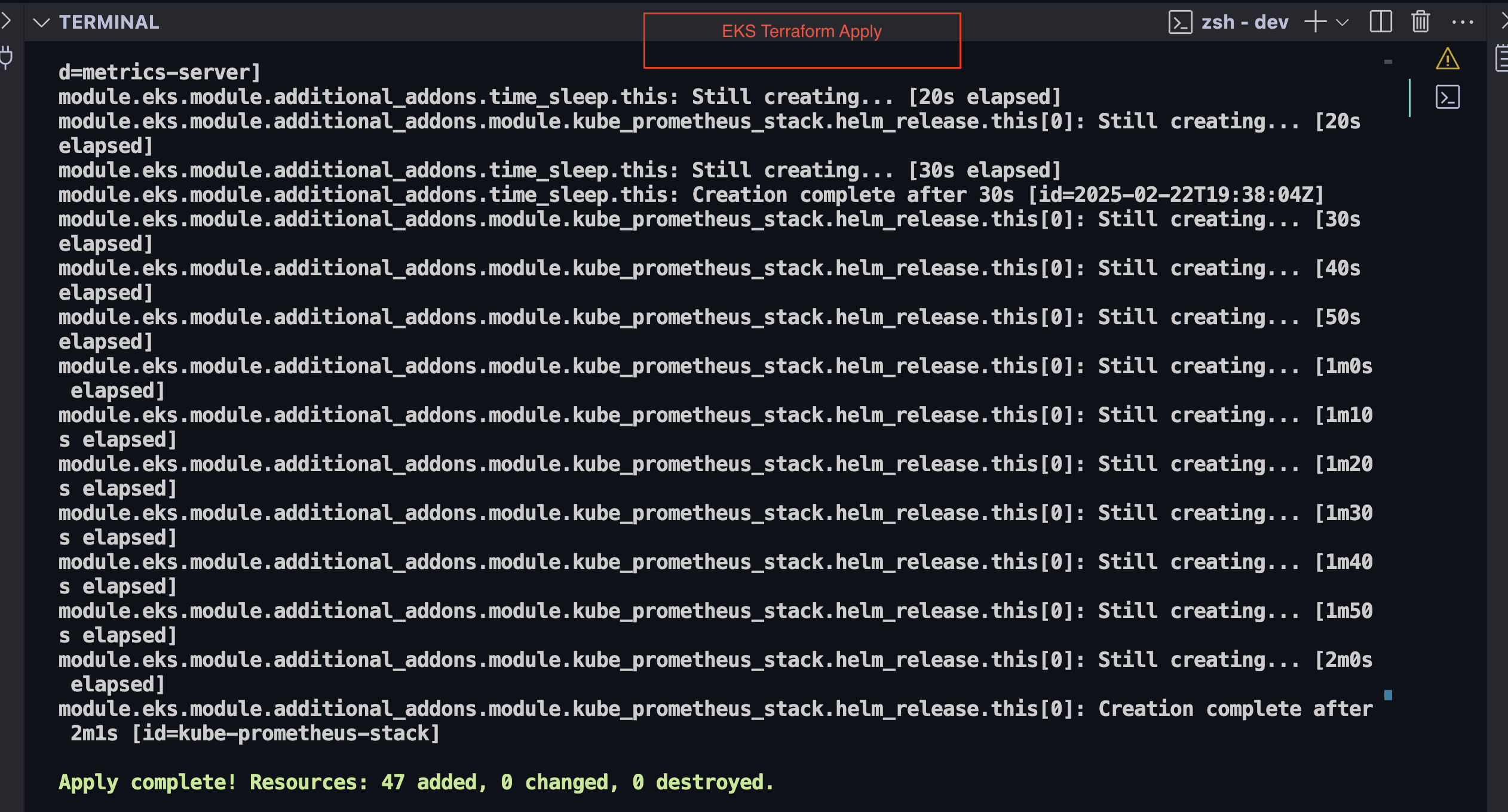 Terraform apply completing the EKS build with 47 resources added