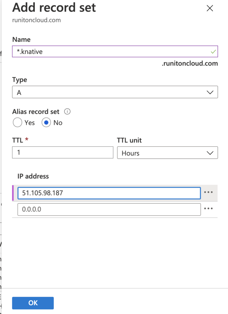 Configuring the Knative DNS record in Azure