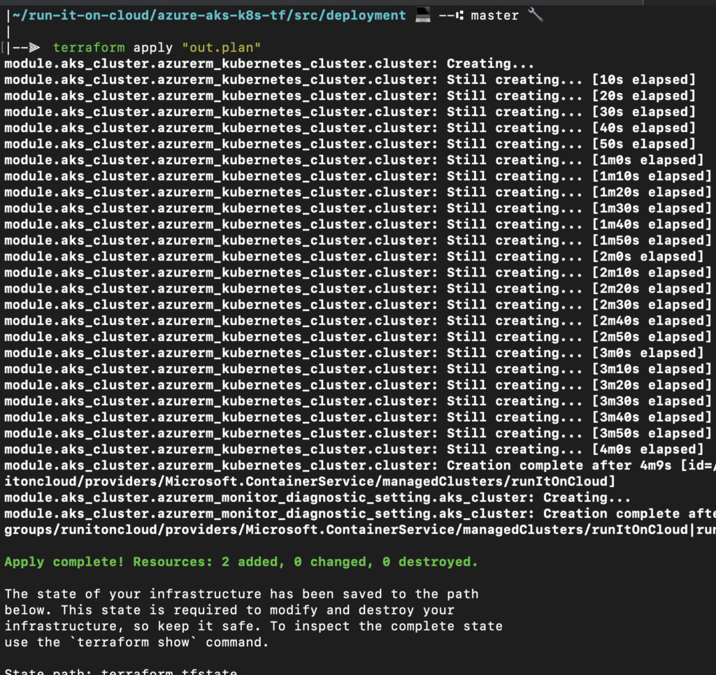 Terraform apply output while creating the AKS cluster