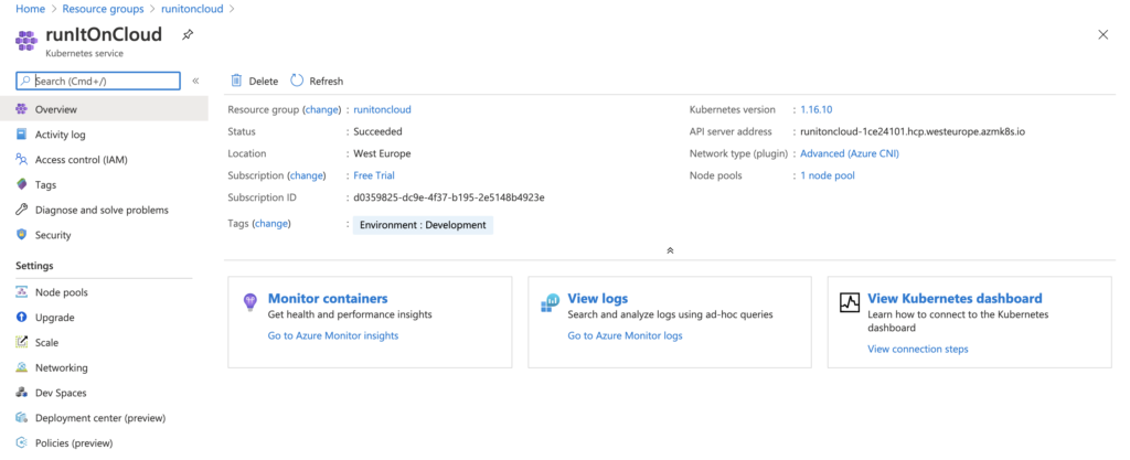 The created AKS cluster in the Azure portal